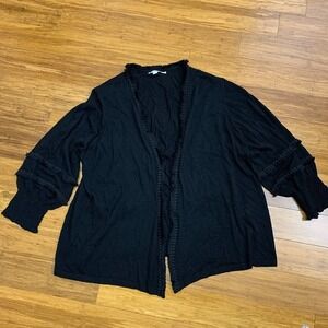 Chico's Open Front Cardigan Women Size XL Black Ruffle Sleeve Lightweight Tassel